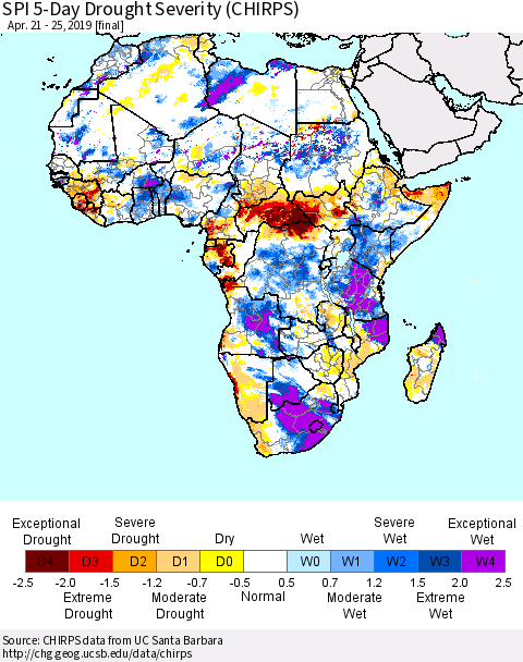 Africa SPI 5-Day Drought Severity (CHIRPS) Thematic Map For 4/21/2019 - 4/25/2019