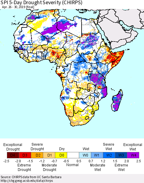 Africa SPI 5-Day Drought Severity (CHIRPS) Thematic Map For 4/26/2019 - 4/30/2019