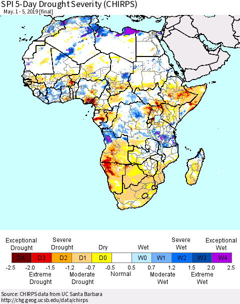 Africa SPI 5-Day Drought Severity (CHIRPS) Thematic Map For 5/1/2019 - 5/5/2019