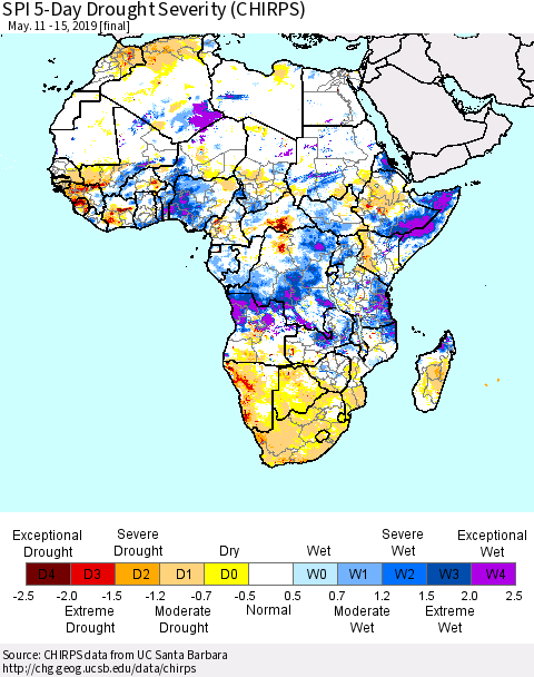 Africa SPI 5-Day Drought Severity (CHIRPS) Thematic Map For 5/11/2019 - 5/15/2019