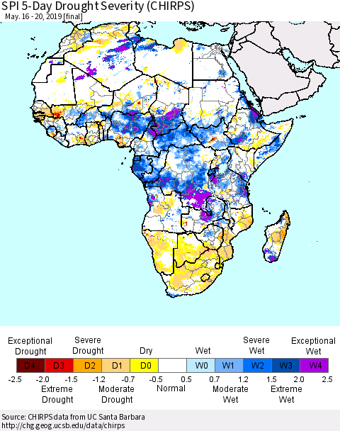 Africa SPI 5-Day Drought Severity (CHIRPS) Thematic Map For 5/16/2019 - 5/20/2019