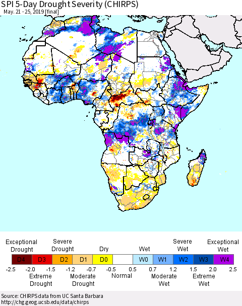 Africa SPI 5-Day Drought Severity (CHIRPS) Thematic Map For 5/21/2019 - 5/25/2019