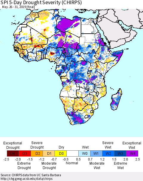 Africa SPI 5-Day Drought Severity (CHIRPS) Thematic Map For 5/26/2019 - 5/31/2019
