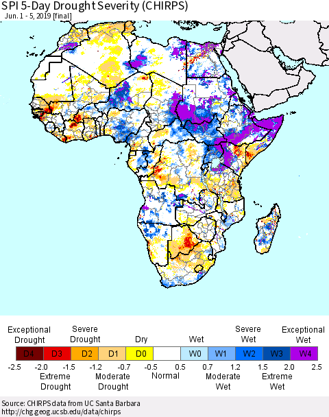 Africa SPI 5-Day Drought Severity (CHIRPS) Thematic Map For 6/1/2019 - 6/5/2019
