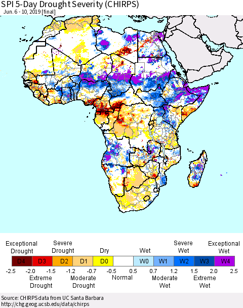 Africa SPI 5-Day Drought Severity (CHIRPS) Thematic Map For 6/6/2019 - 6/10/2019