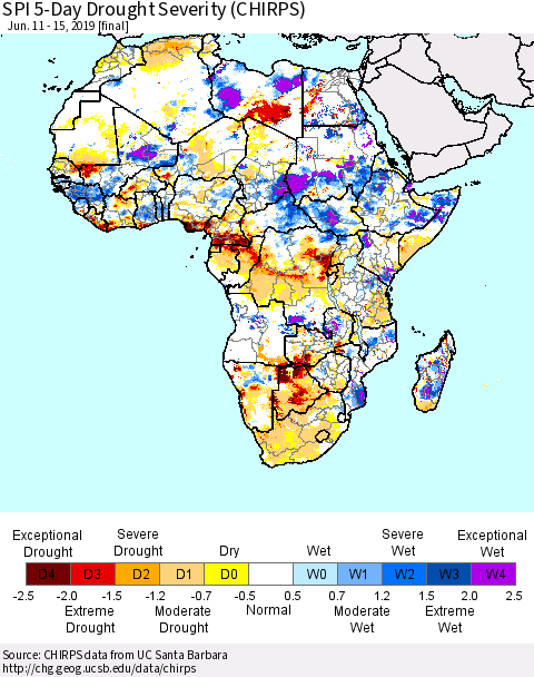 Africa SPI 5-Day Drought Severity (CHIRPS) Thematic Map For 6/11/2019 - 6/15/2019