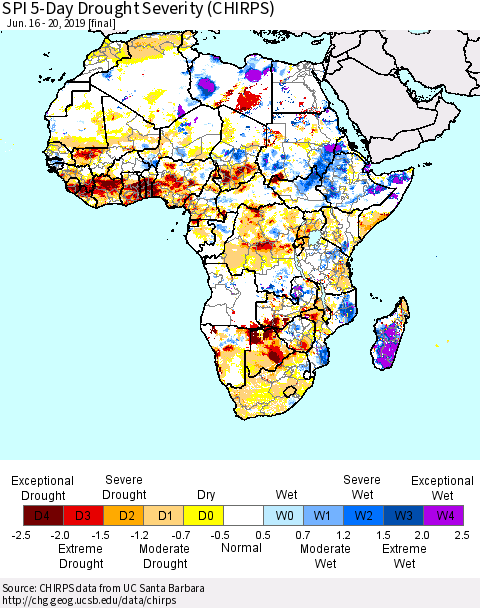 Africa SPI 5-Day Drought Severity (CHIRPS) Thematic Map For 6/16/2019 - 6/20/2019