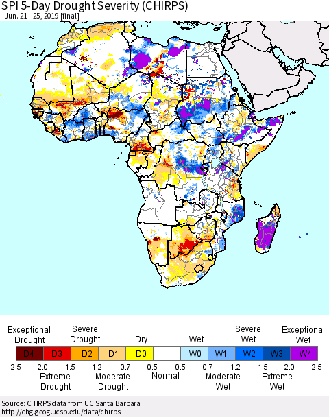 Africa SPI 5-Day Drought Severity (CHIRPS) Thematic Map For 6/21/2019 - 6/25/2019