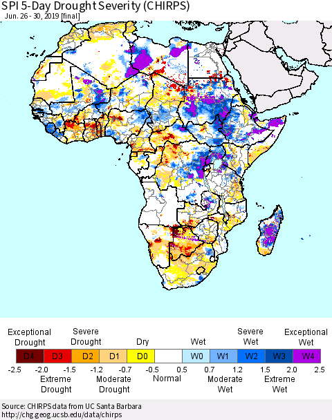 Africa SPI 5-Day Drought Severity (CHIRPS) Thematic Map For 6/26/2019 - 6/30/2019