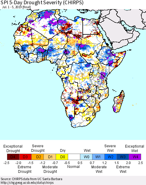 Africa SPI 5-Day Drought Severity (CHIRPS) Thematic Map For 7/1/2019 - 7/5/2019