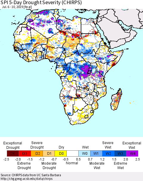 Africa SPI 5-Day Drought Severity (CHIRPS) Thematic Map For 7/6/2019 - 7/10/2019