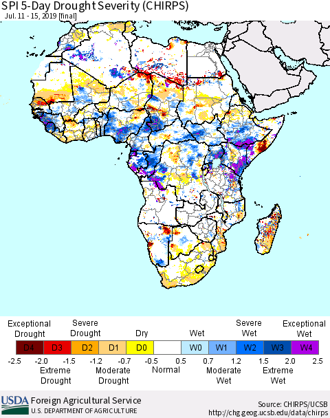Africa SPI 5-Day Drought Severity (CHIRPS) Thematic Map For 7/11/2019 - 7/15/2019