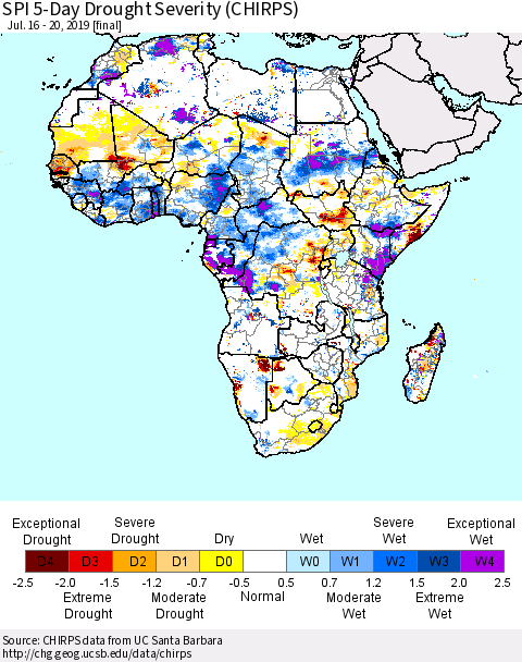 Africa SPI 5-Day Drought Severity (CHIRPS) Thematic Map For 7/16/2019 - 7/20/2019