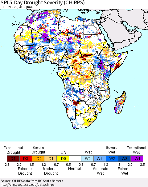 Africa SPI 5-Day Drought Severity (CHIRPS) Thematic Map For 7/21/2019 - 7/25/2019