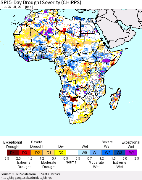 Africa SPI 5-Day Drought Severity (CHIRPS) Thematic Map For 7/26/2019 - 7/31/2019