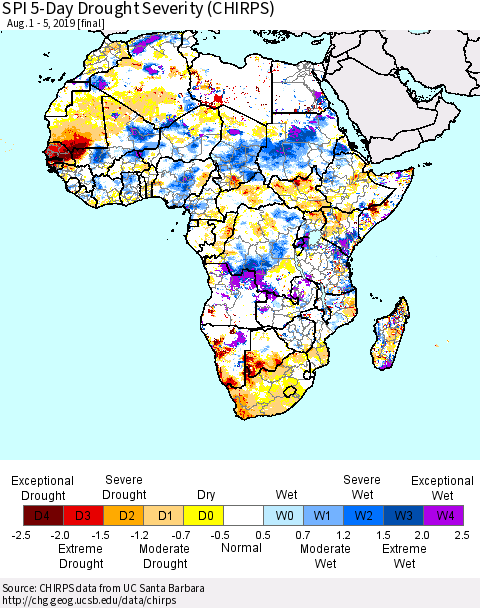 Africa SPI 5-Day Drought Severity (CHIRPS) Thematic Map For 8/1/2019 - 8/5/2019