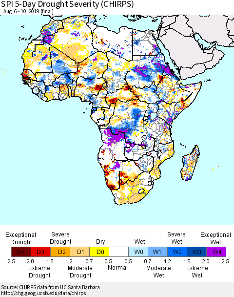 Africa SPI 5-Day Drought Severity (CHIRPS) Thematic Map For 8/6/2019 - 8/10/2019