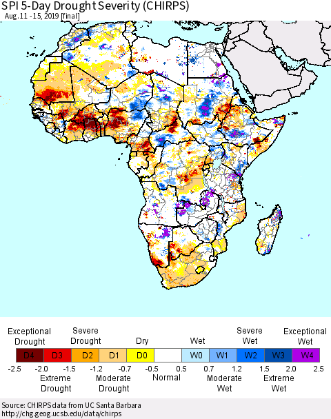 Africa SPI 5-Day Drought Severity (CHIRPS) Thematic Map For 8/11/2019 - 8/15/2019