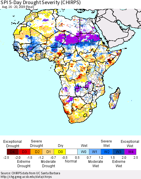 Africa SPI 5-Day Drought Severity (CHIRPS) Thematic Map For 8/16/2019 - 8/20/2019
