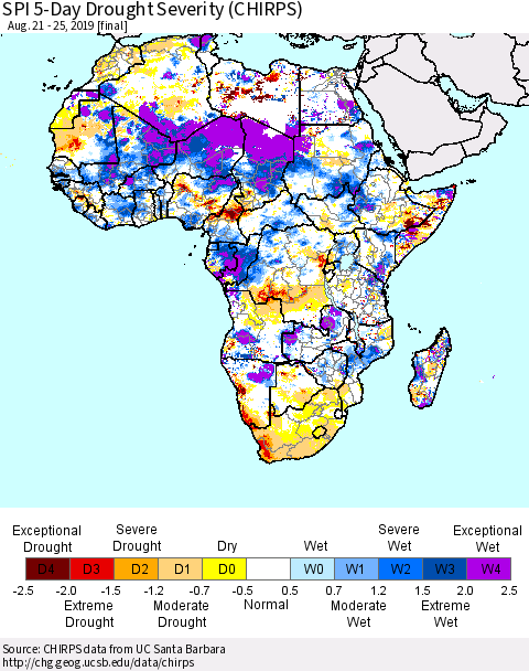 Africa SPI 5-Day Drought Severity (CHIRPS) Thematic Map For 8/21/2019 - 8/25/2019