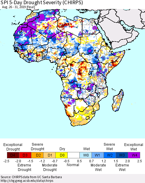 Africa SPI 5-Day Drought Severity (CHIRPS) Thematic Map For 8/26/2019 - 8/31/2019