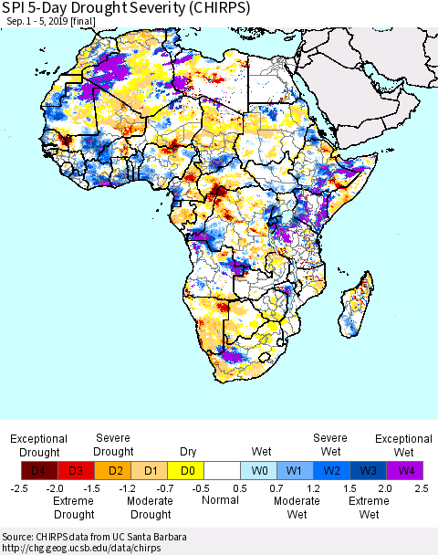 Africa SPI 5-Day Drought Severity (CHIRPS) Thematic Map For 9/1/2019 - 9/5/2019