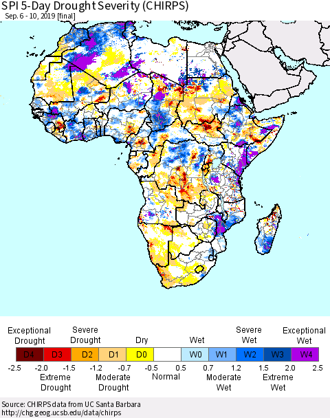 Africa SPI 5-Day Drought Severity (CHIRPS) Thematic Map For 9/6/2019 - 9/10/2019