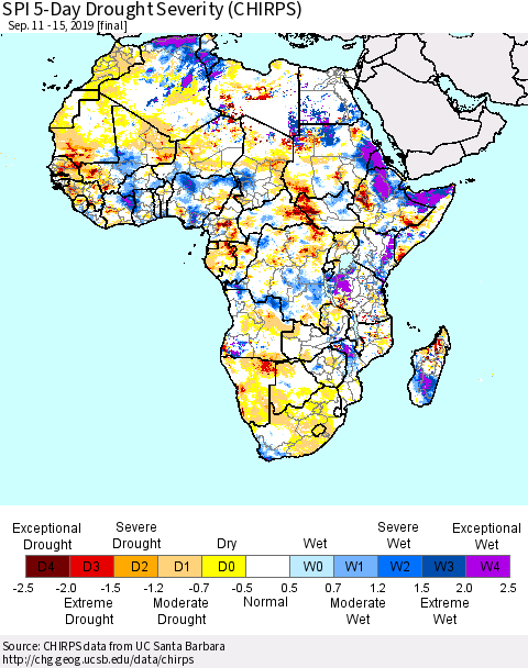 Africa SPI 5-Day Drought Severity (CHIRPS) Thematic Map For 9/11/2019 - 9/15/2019
