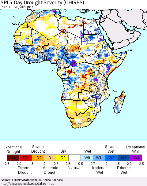 Africa SPI 5-Day Drought Severity (CHIRPS) Thematic Map For 9/16/2019 - 9/20/2019