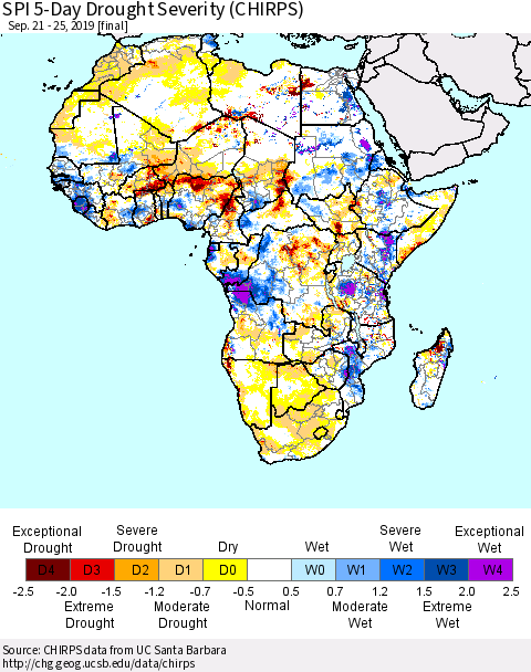 Africa SPI 5-Day Drought Severity (CHIRPS) Thematic Map For 9/21/2019 - 9/25/2019