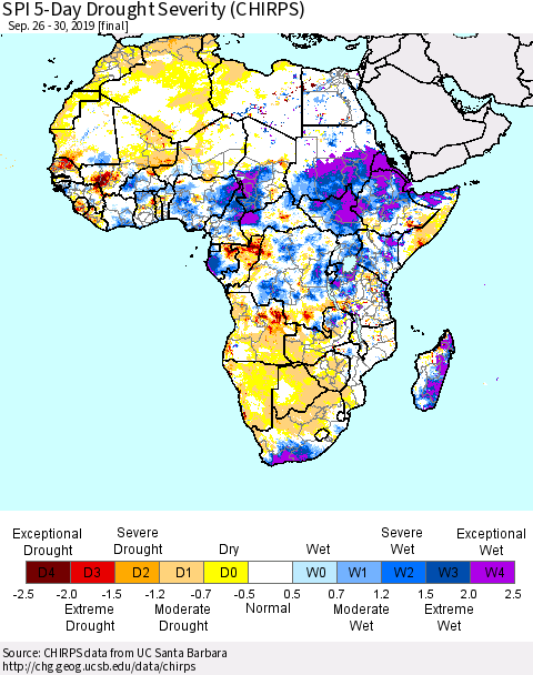 Africa SPI 5-Day Drought Severity (CHIRPS) Thematic Map For 9/26/2019 - 9/30/2019