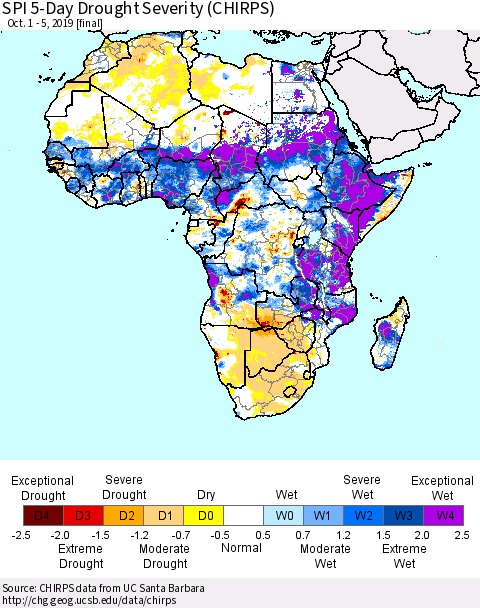 Africa SPI 5-Day Drought Severity (CHIRPS) Thematic Map For 10/1/2019 - 10/5/2019