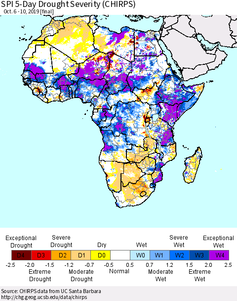 Africa SPI 5-Day Drought Severity (CHIRPS) Thematic Map For 10/6/2019 - 10/10/2019