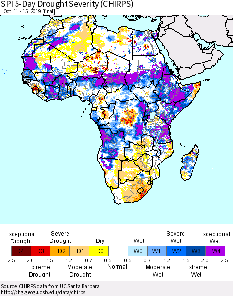 Africa SPI 5-Day Drought Severity (CHIRPS) Thematic Map For 10/11/2019 - 10/15/2019