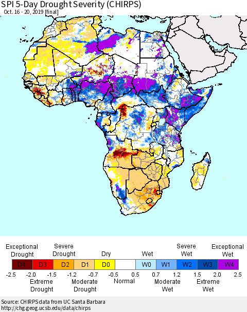 Africa SPI 5-Day Drought Severity (CHIRPS) Thematic Map For 10/16/2019 - 10/20/2019