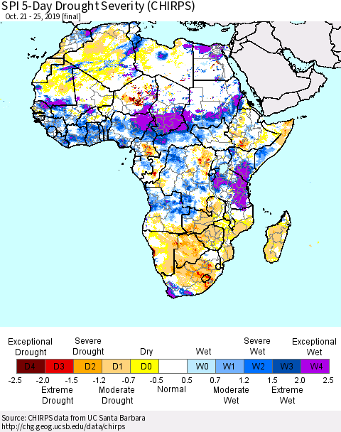 Africa SPI 5-Day Drought Severity (CHIRPS) Thematic Map For 10/21/2019 - 10/25/2019