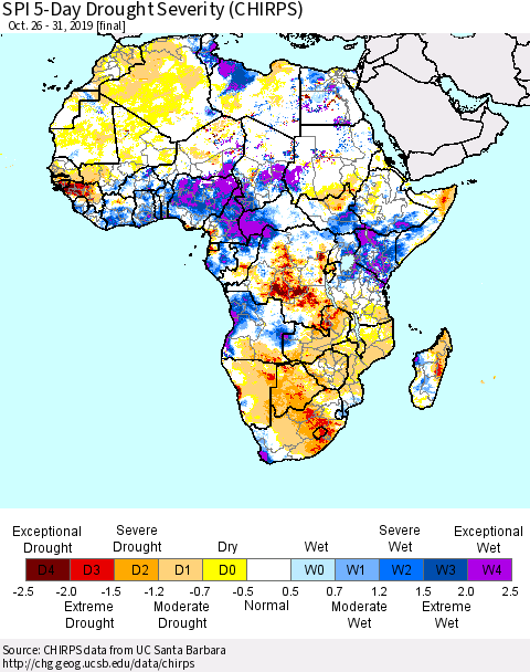 Africa SPI 5-Day Drought Severity (CHIRPS) Thematic Map For 10/26/2019 - 10/31/2019