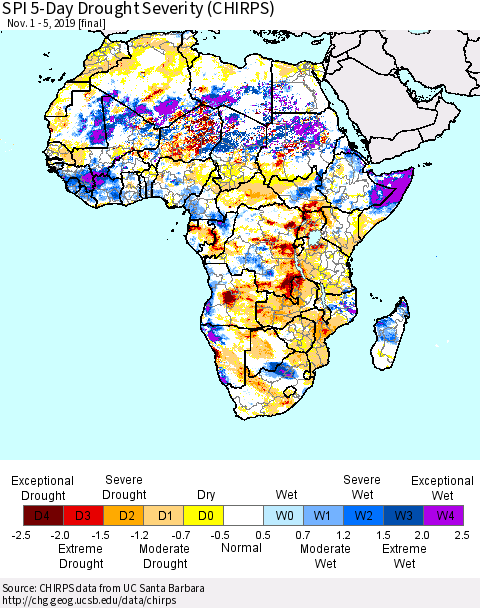 Africa SPI 5-Day Drought Severity (CHIRPS) Thematic Map For 11/1/2019 - 11/5/2019