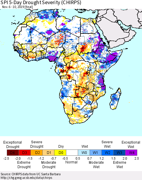 Africa SPI 5-Day Drought Severity (CHIRPS) Thematic Map For 11/6/2019 - 11/10/2019