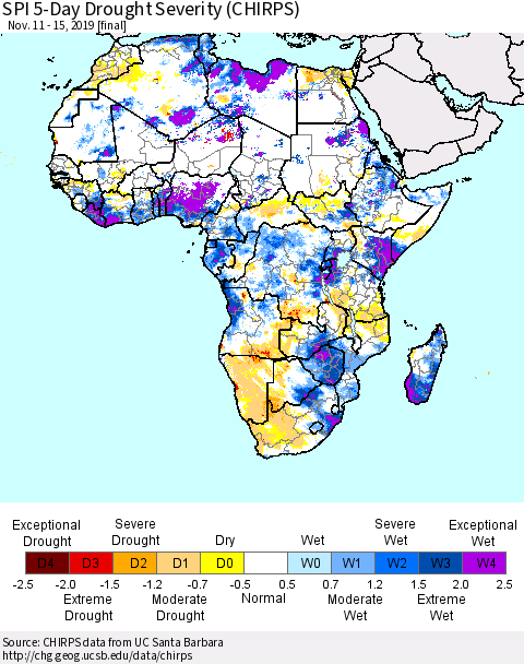 Africa SPI 5-Day Drought Severity (CHIRPS) Thematic Map For 11/11/2019 - 11/15/2019