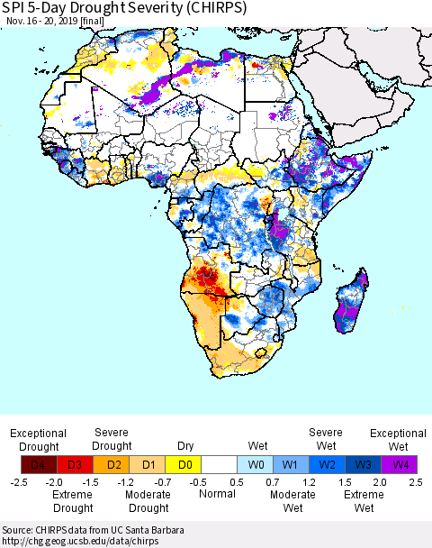 Africa SPI 5-Day Drought Severity (CHIRPS) Thematic Map For 11/16/2019 - 11/20/2019