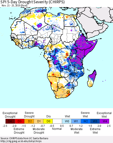 Africa SPI 5-Day Drought Severity (CHIRPS) Thematic Map For 11/21/2019 - 11/25/2019