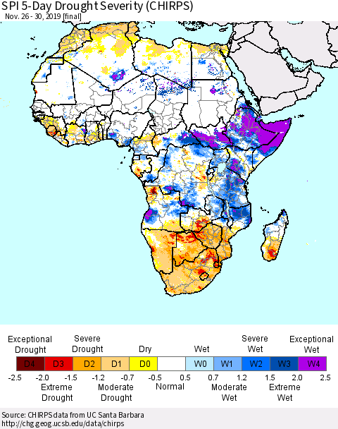 Africa SPI 5-Day Drought Severity (CHIRPS) Thematic Map For 11/26/2019 - 11/30/2019
