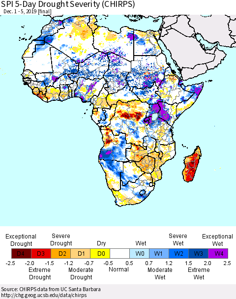 Africa SPI 5-Day Drought Severity (CHIRPS) Thematic Map For 12/1/2019 - 12/5/2019