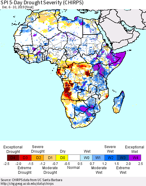Africa SPI 5-Day Drought Severity (CHIRPS) Thematic Map For 12/6/2019 - 12/10/2019