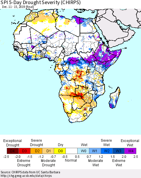 Africa SPI 5-Day Drought Severity (CHIRPS) Thematic Map For 12/11/2019 - 12/15/2019