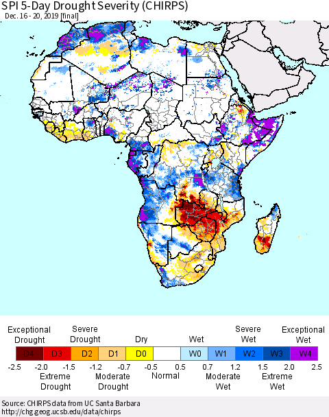 Africa SPI 5-Day Drought Severity (CHIRPS) Thematic Map For 12/16/2019 - 12/20/2019