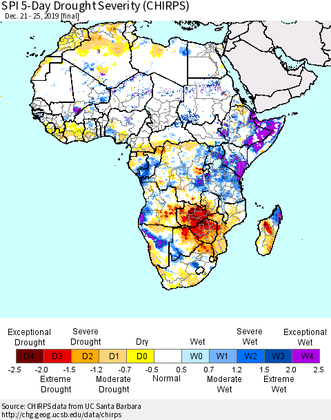 Africa SPI 5-Day Drought Severity (CHIRPS) Thematic Map For 12/21/2019 - 12/25/2019
