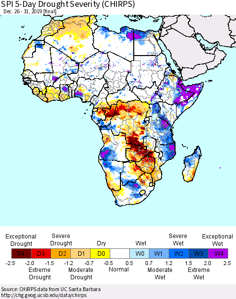Africa SPI 5-Day Drought Severity (CHIRPS) Thematic Map For 12/26/2019 - 12/31/2019