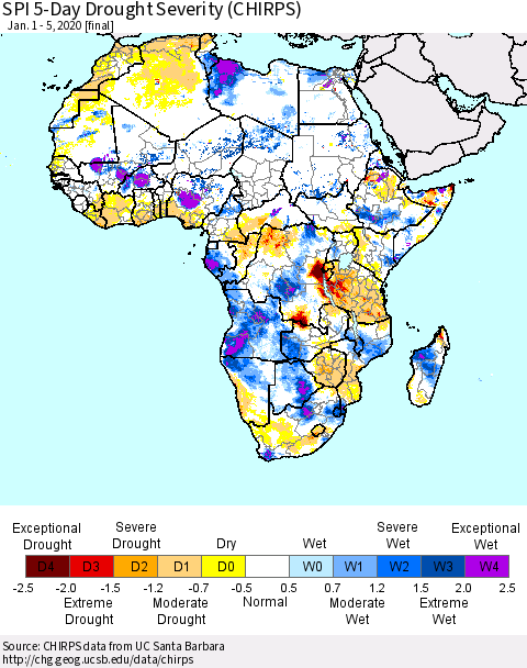 Africa SPI 5-Day Drought Severity (CHIRPS) Thematic Map For 1/1/2020 - 1/5/2020